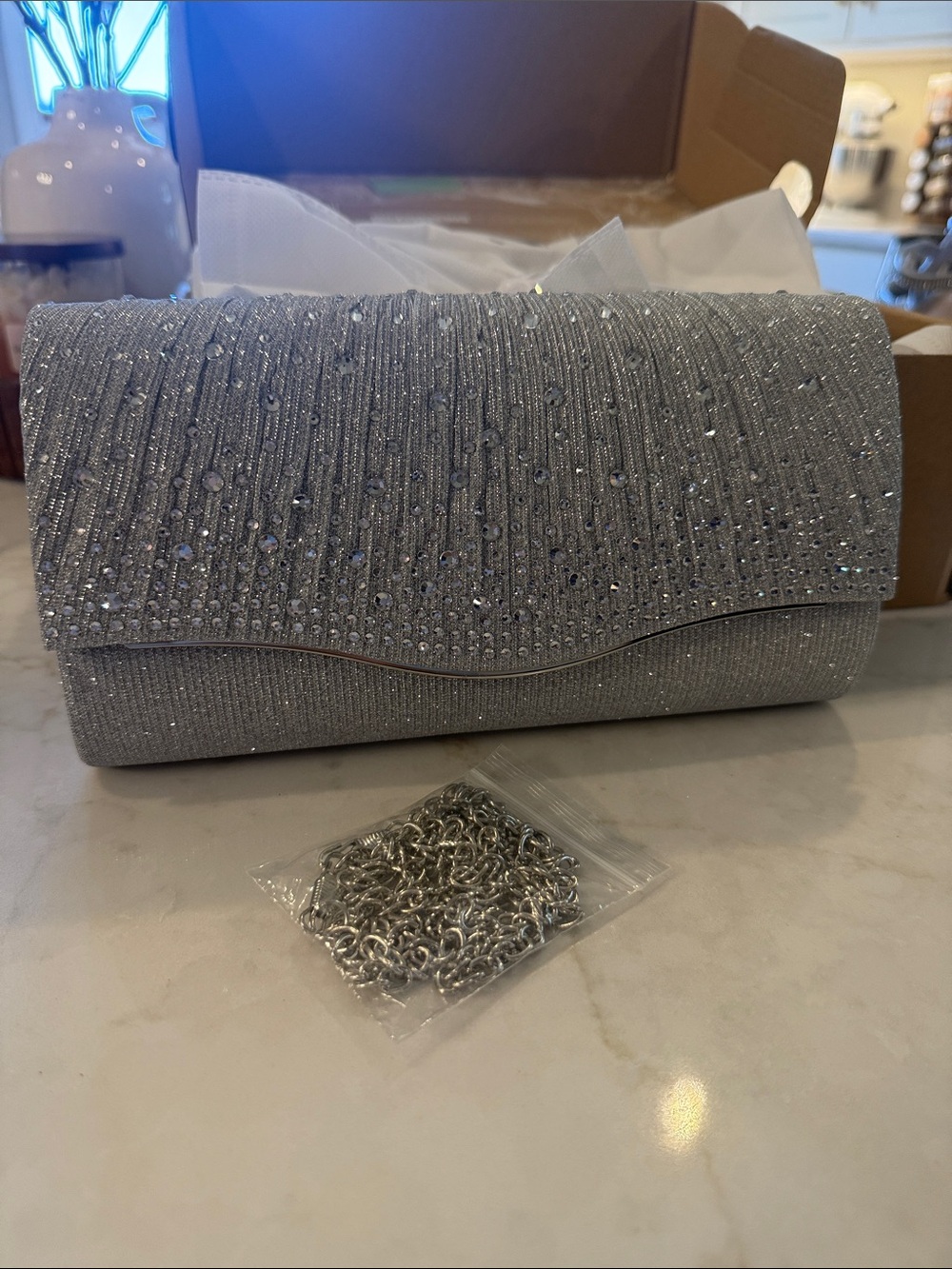 Silver Crystal-Embellished Evening Clutch